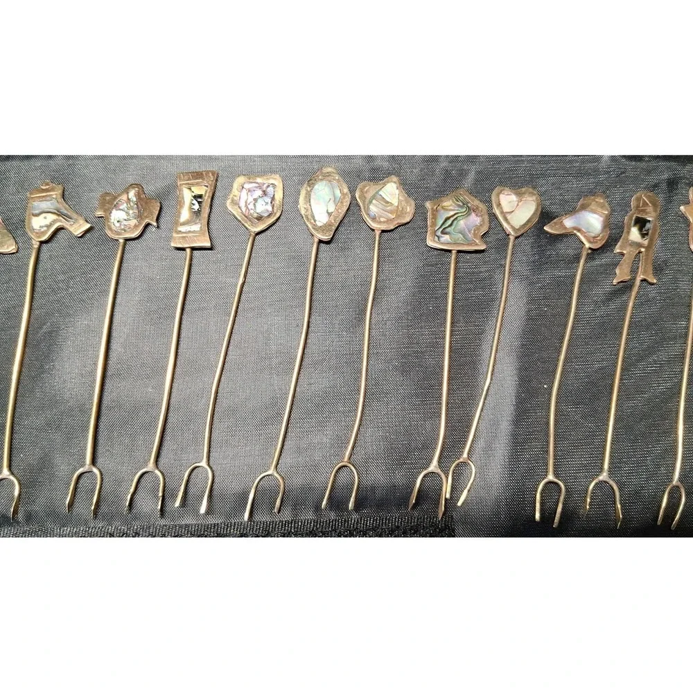 22 Vintage Mexican Alpaca Silver Cocktail Forks/Picks with Abalone Inlay
